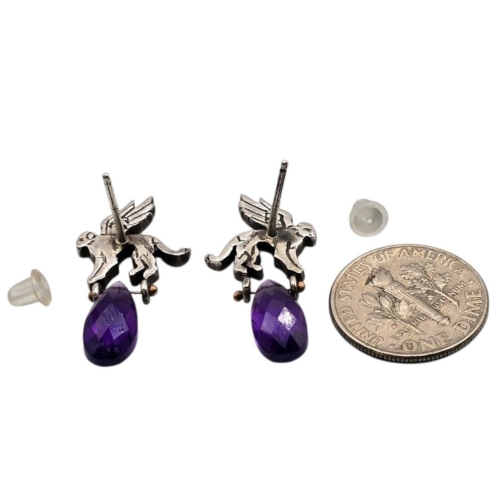 Earrings Art Deco Amethyst Monkey Cat ? Wings Sterling Small Vintage Studs S3156 - Picture 6 of 9